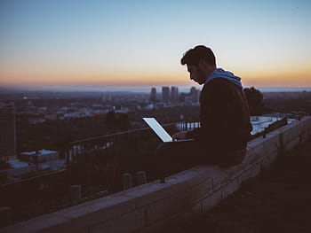 man, using, laptop, outdoor, people, dark, night, sunset, silhouette, alone, technology