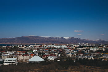 antenne, fotografering, landsby, fjellutsikt, blå, himmel, dagtid, landskap, strukturell, bygninger, island