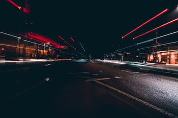 black, concrete, road, night time, dark, night, city, lights, street, buildings, traffic