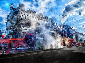 blue, red, locomotive train, sky, train, railway, railway station, steam locomotive, hdr, rail traffic, steam railway