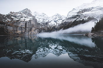 body, water, snow-covered, mountain, daytime, photography, covered, snow, valley, highland, landscape