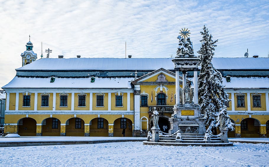 Statue, Holy Trinity, Esztergom, statue of the holy trinity, mayor's office, winter, snow, cold temperature, architecture, built structure, building exterior