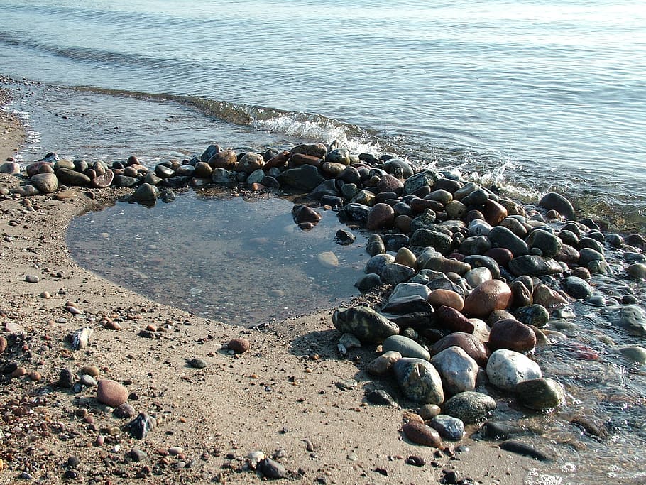 water, stone, shiny, wet, wave, coast, beach, sea, flow, bank, ocean
