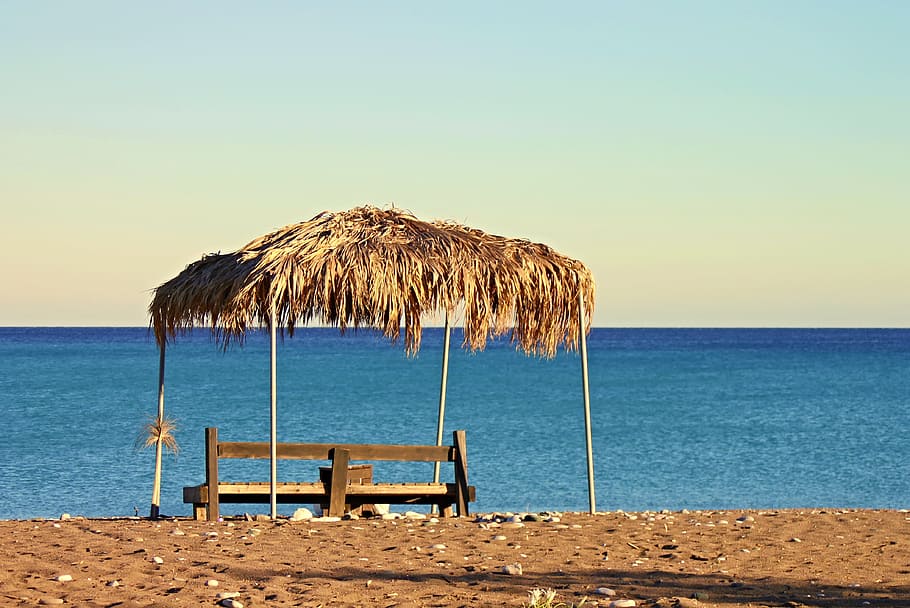 black, wooden, bench, beach, sea, bank, palm leaf, mediterranean, summer, water, nature
