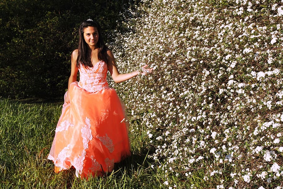 woman, standing, white, petaled flowers, dress, orange, quinceanera dress, fashion, prom dress