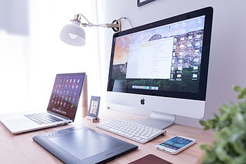 silver imac, macbook air, amazon, kindle, e-book reader, brown, wooden, desk, computer, keyboard, apple