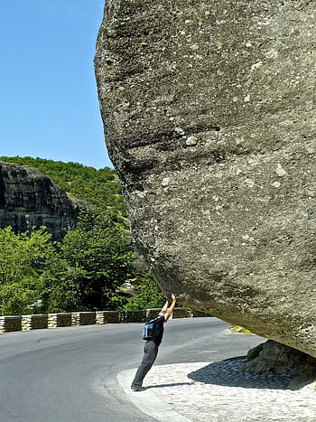 man, rock formation, Rock, Holding, Power, mighty, effort, uphill, heavy, boulder, push