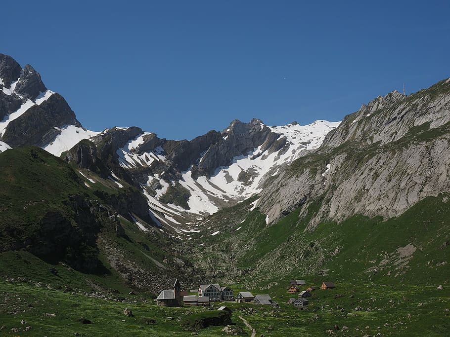 Säntis, bergdorf, Meglisalp, villaggio alpino, appenzell, Interno, regione di alpstein, destinazione, Chiesa, le case, cappella