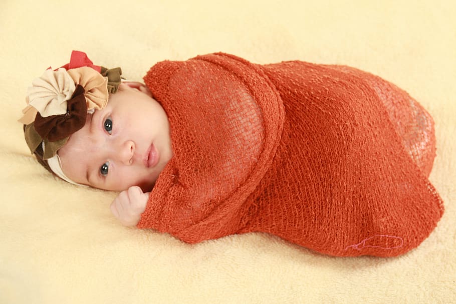 baby, covered, red, textile, newborn, tenderness, girl, child, innocence, purity, portrait