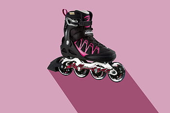 non jumelé, noir, rose, en ligne, patin, patin à roues alignées, sport, entraînement, chaussure, rouleau, actif