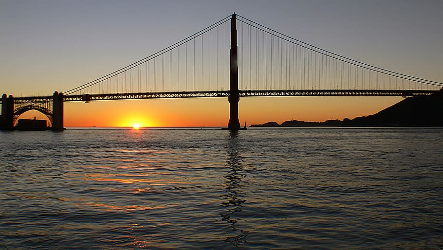 Golden Gate Bridge, silueta, fotografování, žehlička, moře, zlatý, hodina
