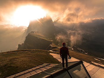 sunset, hike, mountain, summit, hiker, climber, clouds, dom, journey, sun, landscape