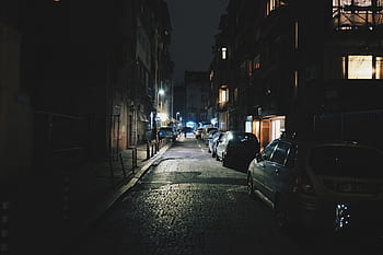 rue, ruelle, nuit, foncé, Urbain, ville, route, asphalte, des voitures, garé, des lanternes