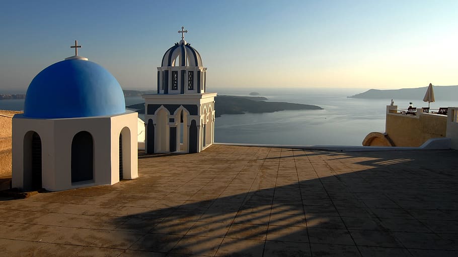 hvid, blå, beton, kirke, santorini, Grækenland, outlook, cyclades, vision, hav