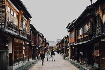 lidé, chůze, cesta, dřevěný, domy, během dne, architektura, budova, infrastruktura, turista, bod