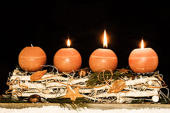 four, red, candles, leaf, advent wreath, advent, third advent, christmas time, christmas, flame, lights