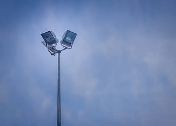 spots, bleu, ciel, faible, angle, la photographie, route, lumière, des nuages, lumières, lampadaire