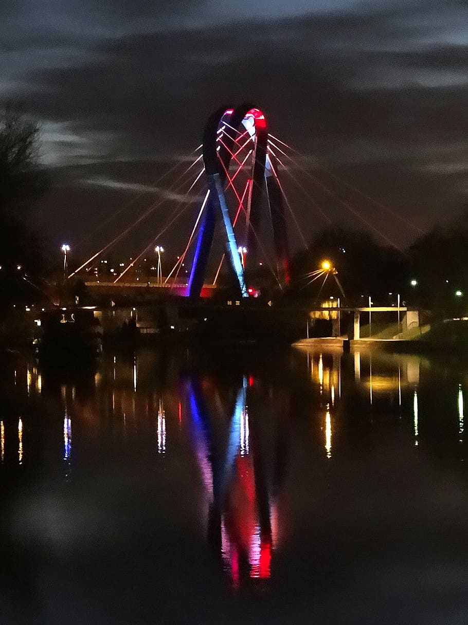 大学橋、 bydgoszcz、 ポーランド、 川、 ブルダ、 運河、 交差点、 構造、 パイロン、 夜