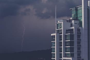 hvid, highrise bygning, grå, himmel, Foto, bygning, mørk, skyer, torden, lyn, storm