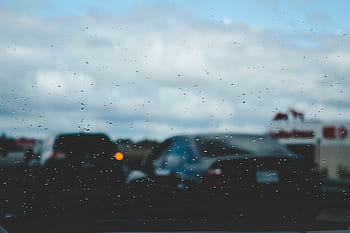 Černá, sedan, silnice, Šedá, mraky, mělký, soustředit se, fotografie, kapky deště, zrcadlo, auto