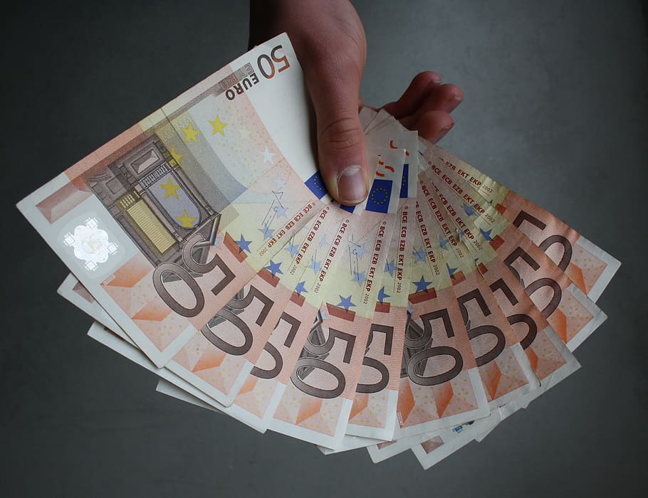 osoba, hospodářství, fanoušek, 50 eurobankovek, euro, bankovek, ruka, peníze, poznámky, hotovost, finanční