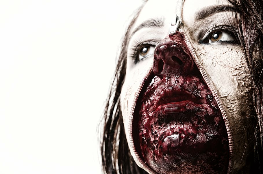 女性、 ジッパーの顔のアートワーク、 メイク、 儀式、 死んだ、 顔、 zip、 血、 ハロウィーン、 一人の女性、 唯一の女性