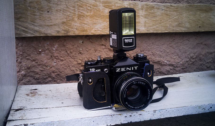 Fotoaparát, zenit, starý, zastaralý, objektiv