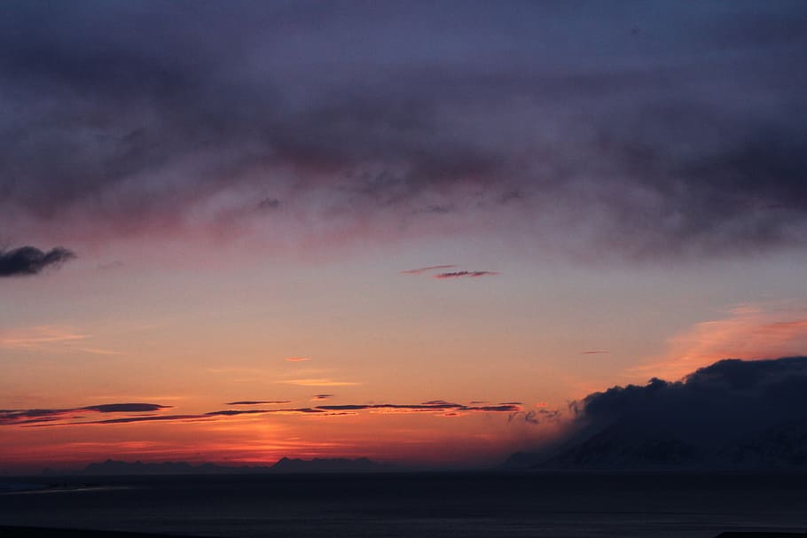 arktický, západ slunce, svalbard, noc, polární den, severní, Norsko, barentsburg, nebe, hory, sníh