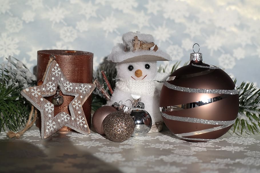 hari Natal, orang-orangan salju, bola natal, masih hidup, bintang, lilin, peta, dekorasi Natal, Desember, musim, dekorasi