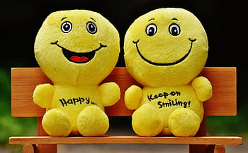 two, emoji, plush, toys, sitting, bench, smilies, bank, sit, rest, friends