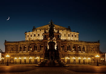 Marrone, calcestruzzo, illuminato, castello, Dresda, sempre un teatro dell'opera, storicamente, di notte, costruzione, città, Teatro dell'opera