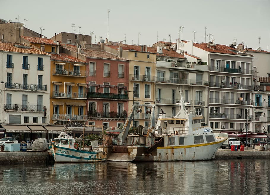 France, Sète, Port, Trawler, fishing boats, mediterranean, nautical vessel, building exterior, water, waterfront, transportation