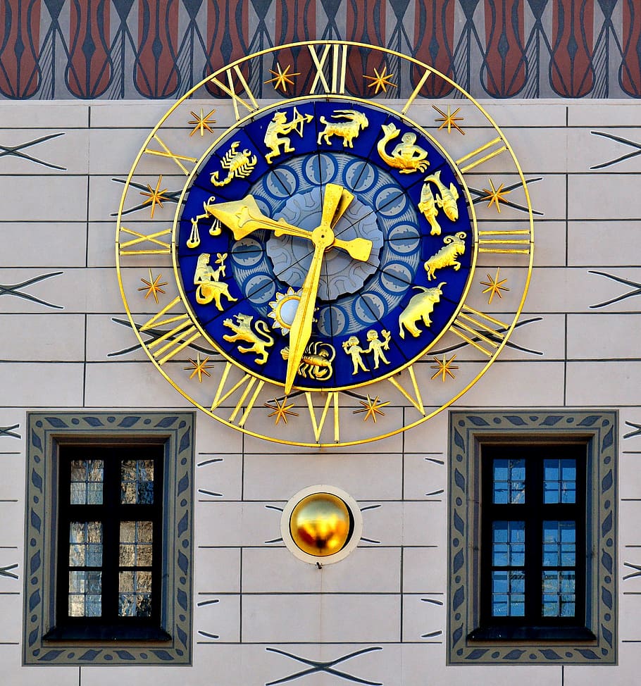 round, gold-colored, analog, wall, clock, clock tower, toy museum, marienplatz, munich, time, astrology sign