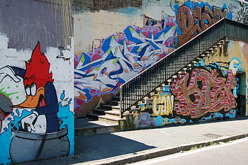 nástěnná malba, malování, zeď, graffiti, veřejnost, umění, malovat, barvitý, ulice, chodník, schody