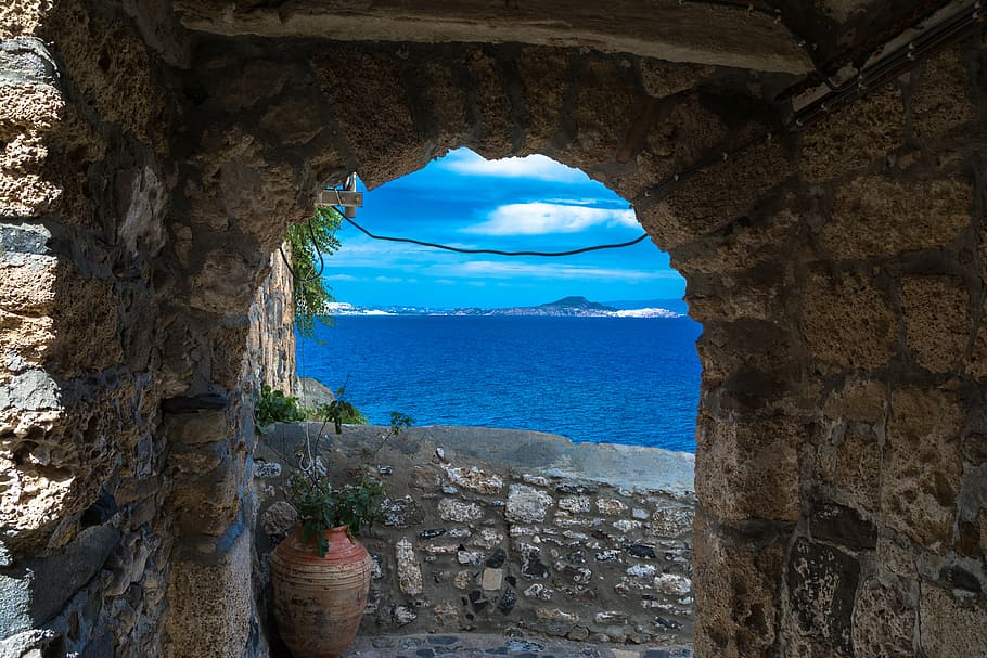 gray, concrete, house, sea, nisyros, mandraki, the sun, holidays, clouds, sky, landscape