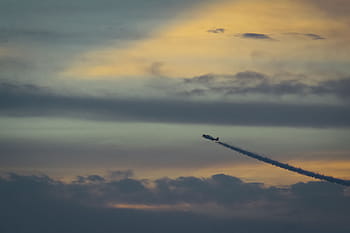 airplane silhouette, clouds, golden, hour, nature, landscape, airplane, sky, smoke, aircraft, military