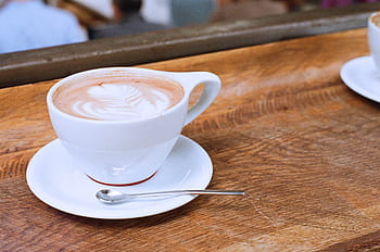 kávé, kávézó, látte, mohaachát, cappuccino, hab, kanál, faipari, asztal, ital, csésze