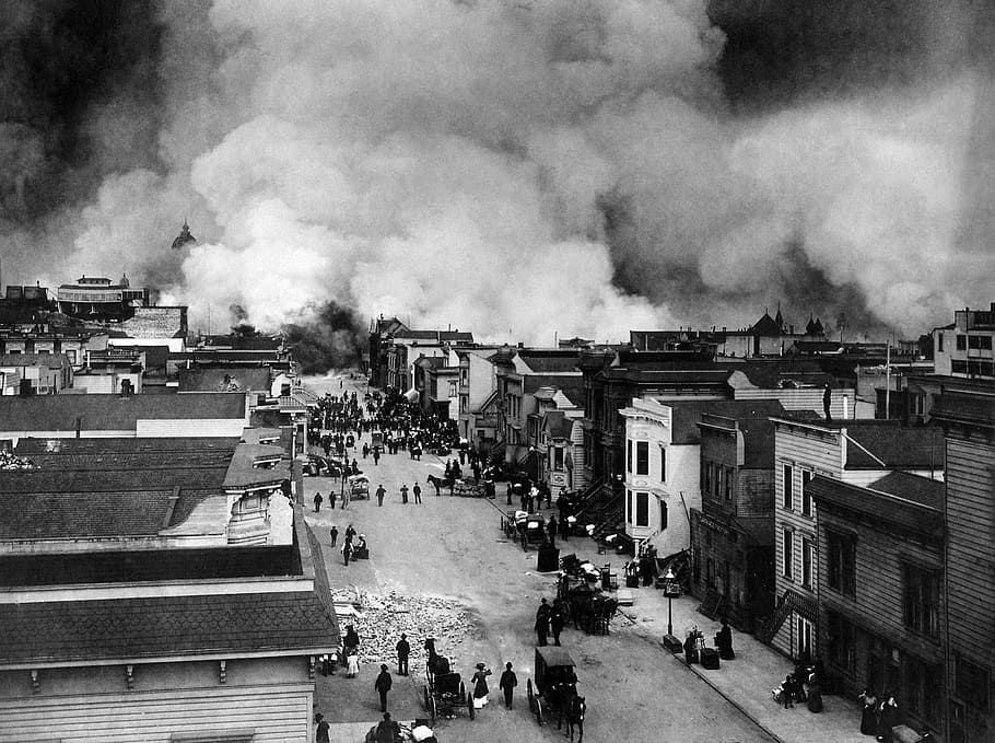 grayscale photography, city, almost, covered, mist, earthquake, natural disaster, san francisco, 1906, fire, fire houses