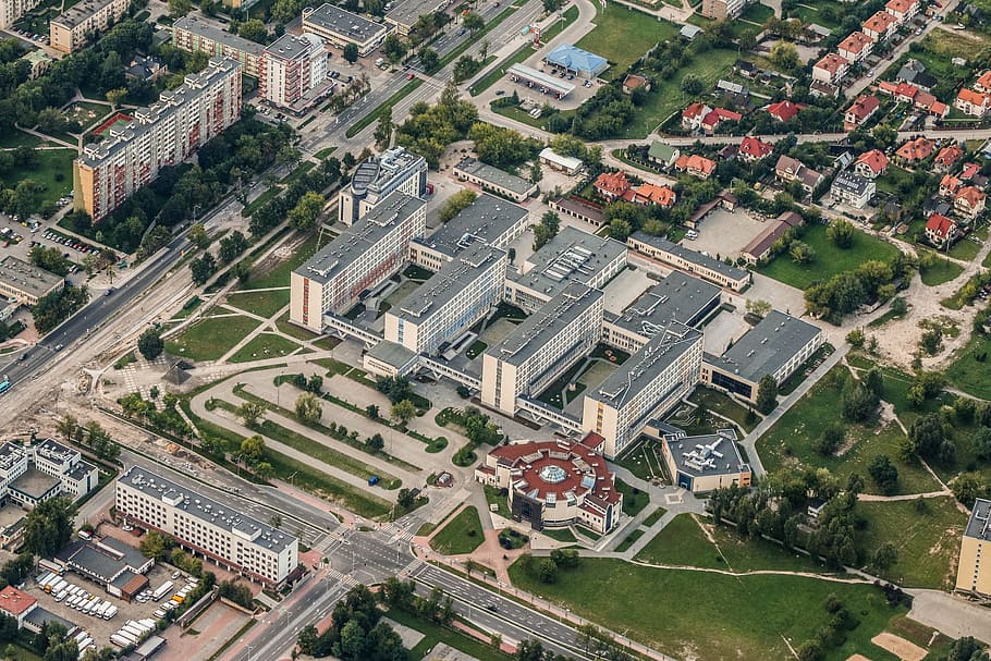 polytechnická univerzita, která, polytechnický, univerzita, ulice, letecký snímek, výška, budov, město, kielce, swietokrzyskie, Polsko