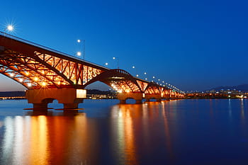 calm, body, water, bridge, lights, night, korea, republic of korea, seoul, han river, seongsan bridge