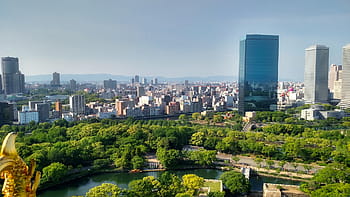 městské budovy, park, zelená, stromy, osaka, Japonsko, město, městský, mrakodrapy, budov, v centru města