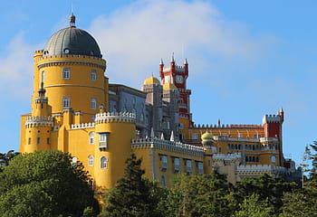 žlutá, Červené, hrad, modrý, bílý, nebe, palác, sintra, krajina, stromy, zelená