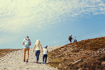 Family, three, vacation, mountains, active, blue, child, couple, father, happy, landscape
