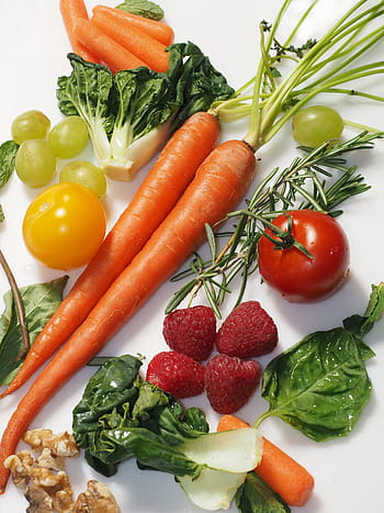 mrkve, jahody, rajčata, zelí, uspořádat, bílý, textil, zeleniny, vegan, zdravý, jídlo
