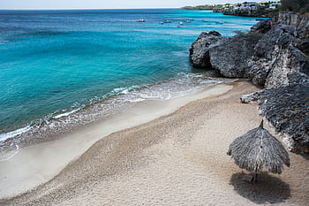 beach, sand, water, ocean, sea, tropical, caribbean, paradise, coast, rocks, umbrella