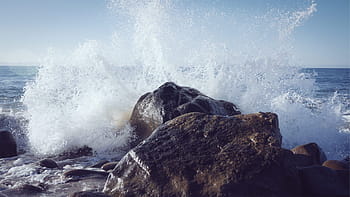 fala, upaść, kamień, czarny, niebieski, ocean, skały, morze, lato, fale, biały