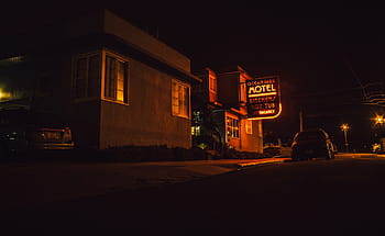 mobil, di samping, taman laut motel, malam hari, motel, tanda, jalan, malam, gelap, kota