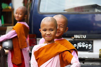 boy, wearing, pink, brown, dress, buddhist, nuns, girls, young, people, myanmar