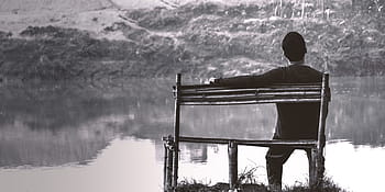 solo, ragazzo, ragazzo solo, lato del fiume, seduto solo, nero bianco