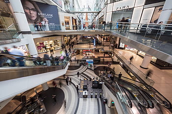 architektura, budova, infrastruktura, nakupování, nákupní centrum, krytý, uvnitř, jezdící schody, lidé, dav, obchodů